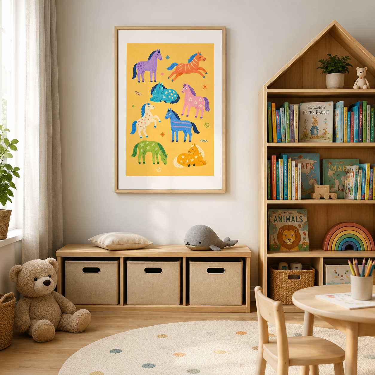 Canlı renklerdeki at ve triceratops figürlerinin yer aldığı eğitici çocuk posteri.