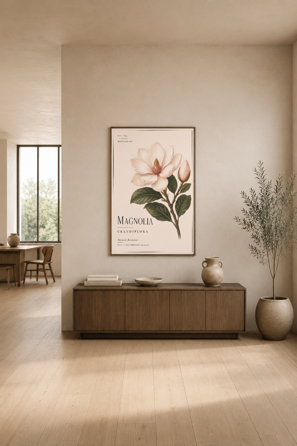 Magnolia grandiflora baskısı, modern oturma odasında ahşap mobilya ve terra cotta vazolarla uyumlu şık duvar dekorasyonu.