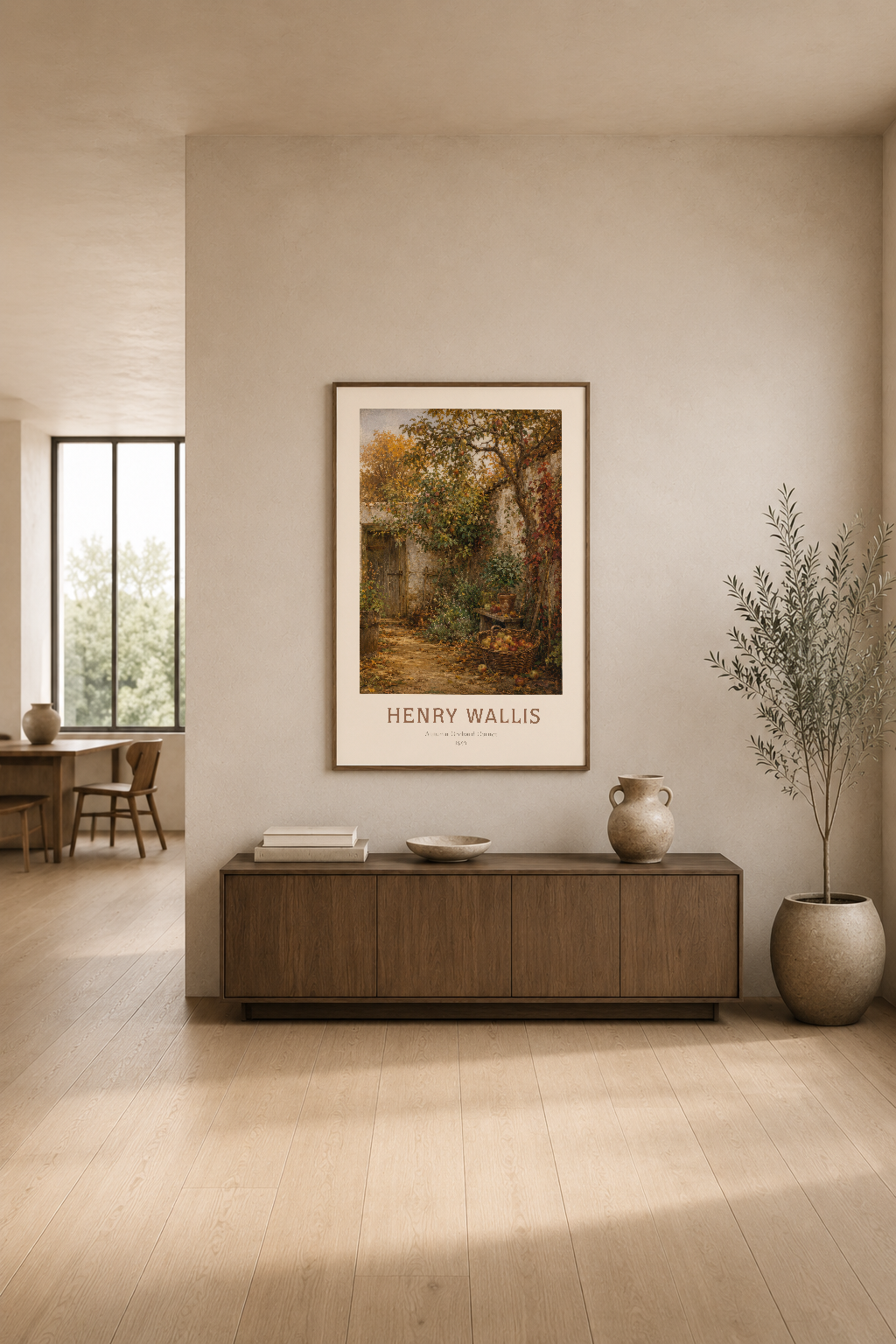 Klasik sahnesiyle Henry Wallis posteri, minimalist oturma alanında zarif dekorasyon aksesuarı olarak sergileniyor.