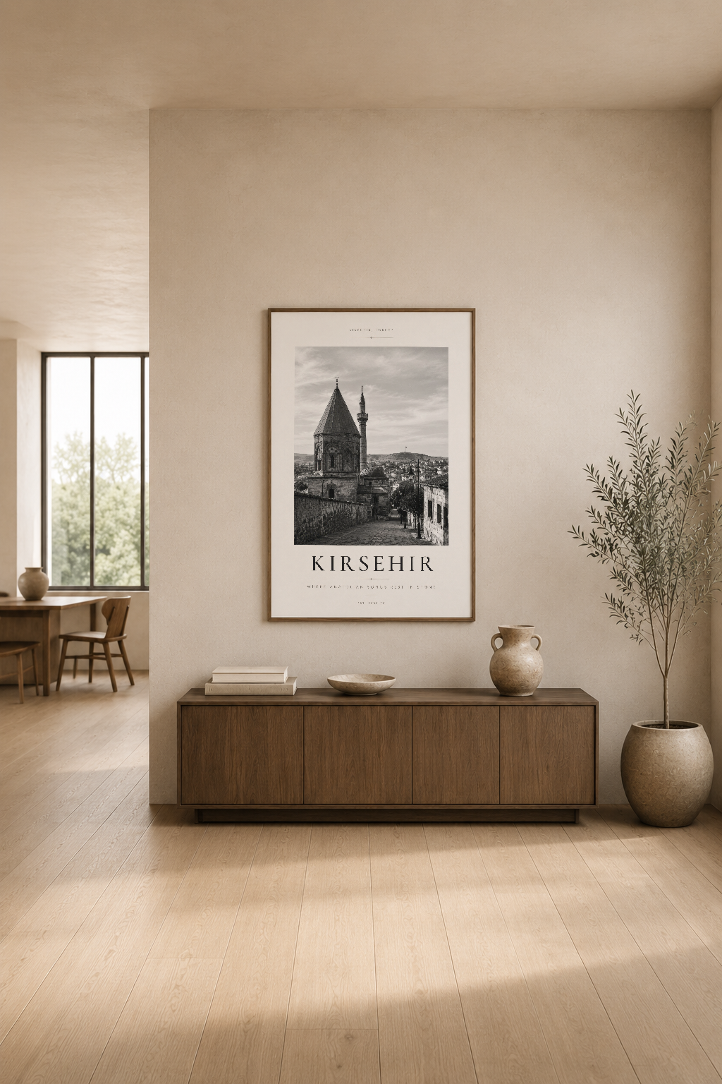 Kırşehir cami posterinin modern ev dekorasyonunda, ahşap mobilyalar ve bitki aksessuarlarıyla sergilenmesi.