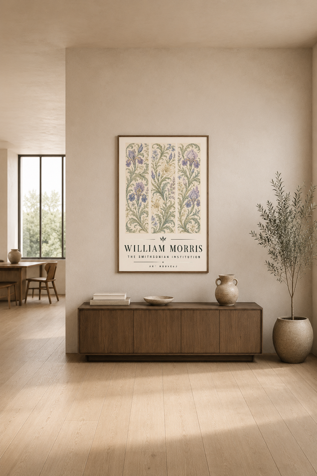 William Morris iris motifi poster, minimalist oturma odasının duvarında, ahşap mobilyaların üzerinde.