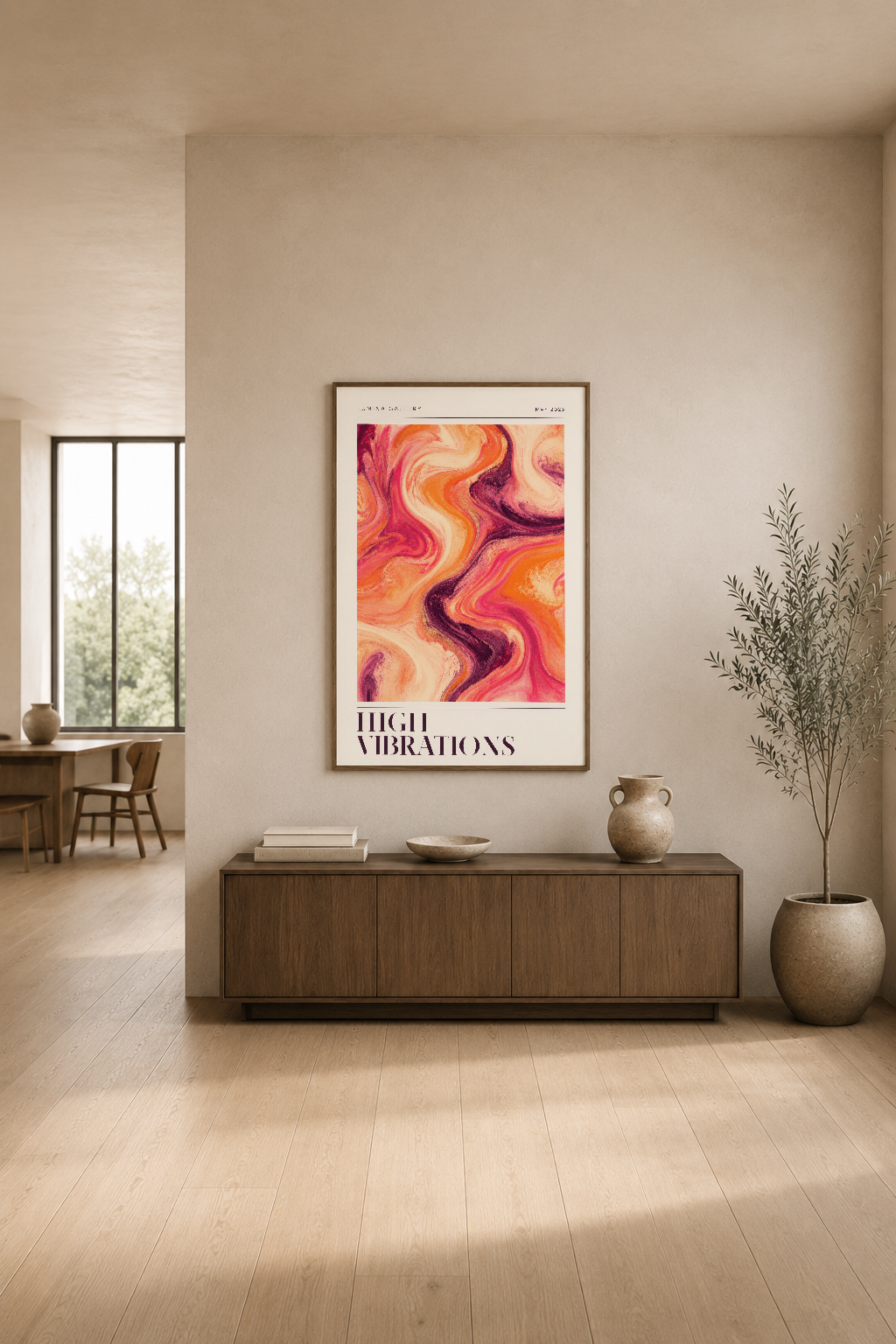 Renkli sıvı sanat tablosu, minimalist oturma odasında konsol üzerinde asılı tasarım posteri.