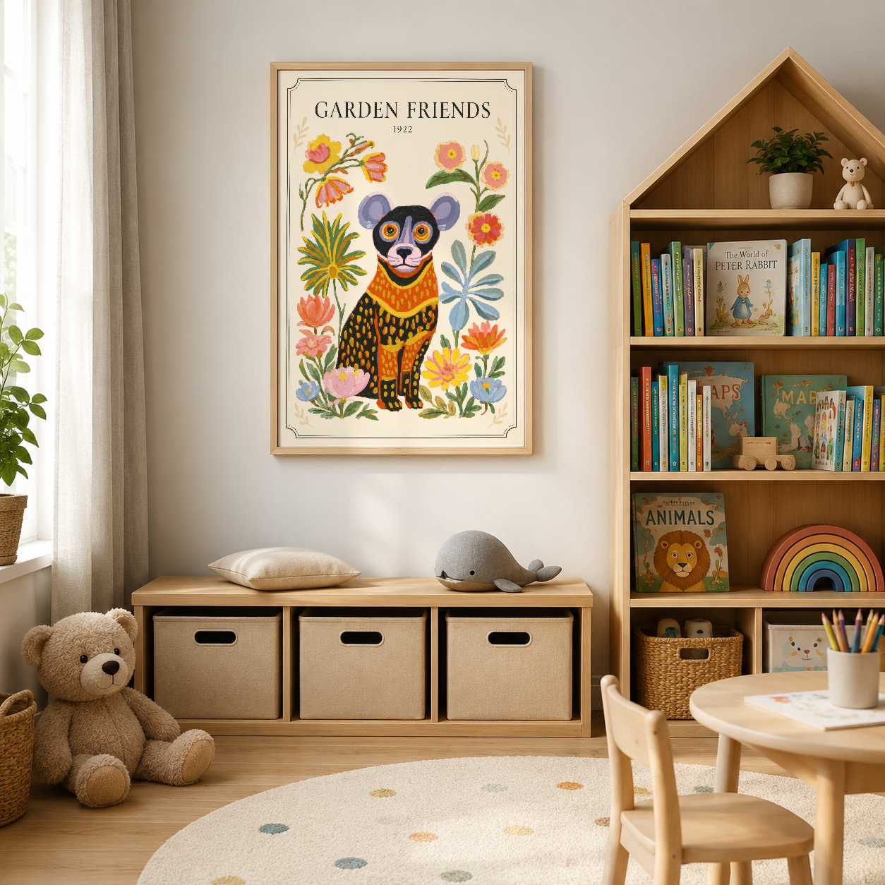 1922 tarihli Garden Friends tablosunda stilize ayı ve botanik çiçek motiflerinin retro baskısı.