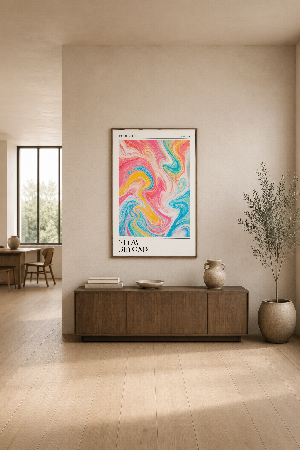 Parlak mercan, sarı ve mavi dalgalı motifli sanat tablosu, modern salon dekorasyonunda yer alıyor.