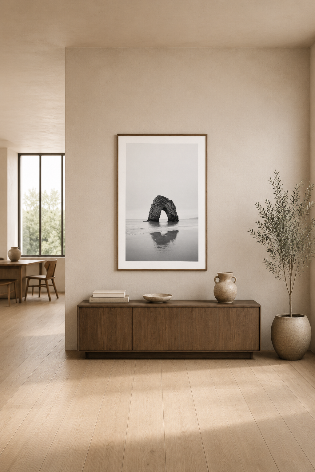 Modern oturma alanında, raflı konsol üstünde asılı halde sakin deniz manzarası posteri.