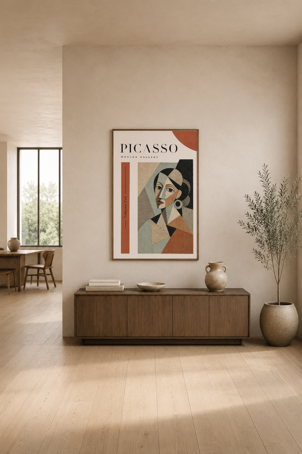 Picasso Modern Gallery sanat tablosu, minimalist oturma odasında rahat dekorasyon oluşturuyor.