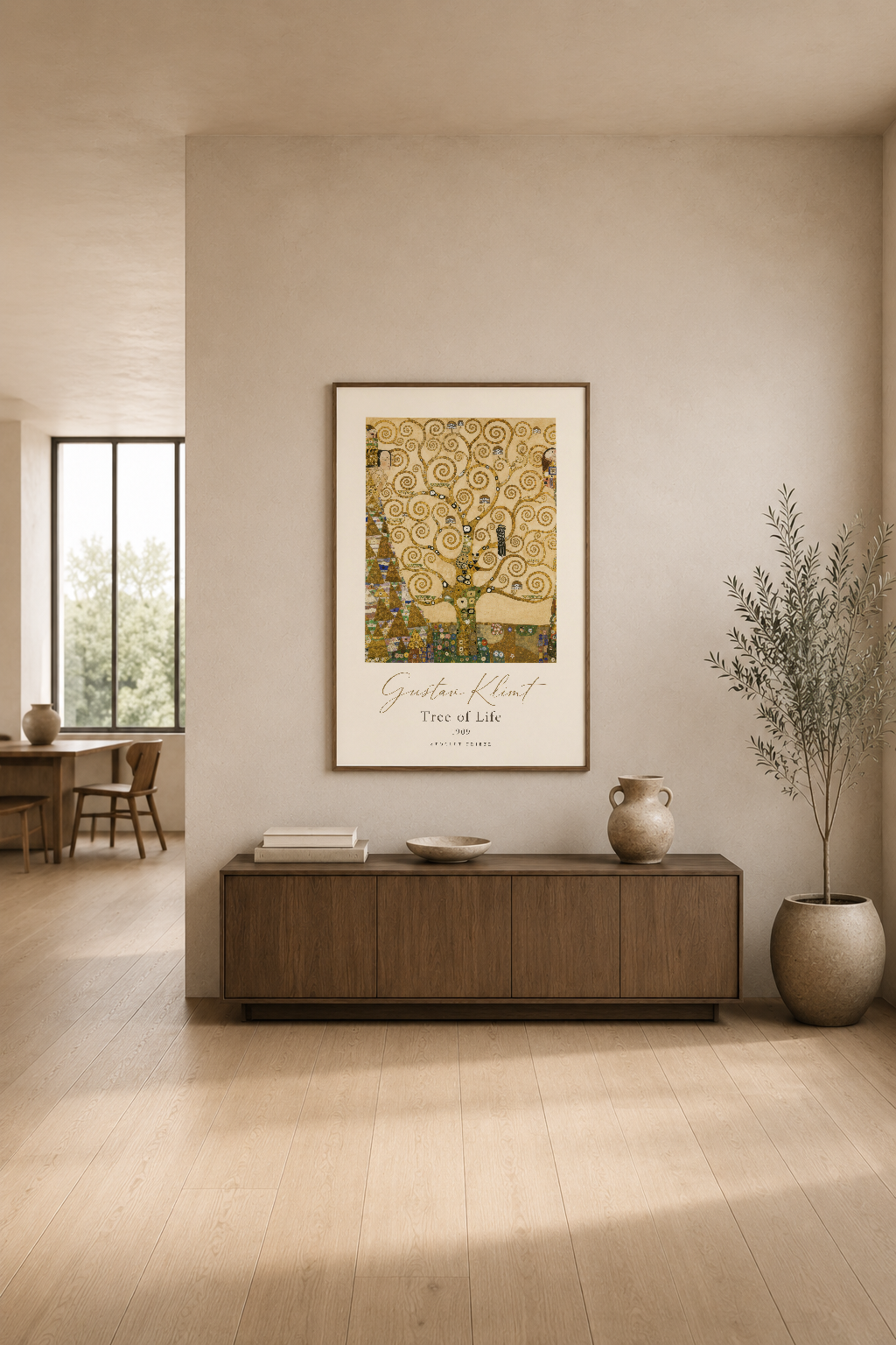 Altın tonları ve spiraller içeren Klimt eseri, minimalist oturma odasının ana duvar dekorasyonu.