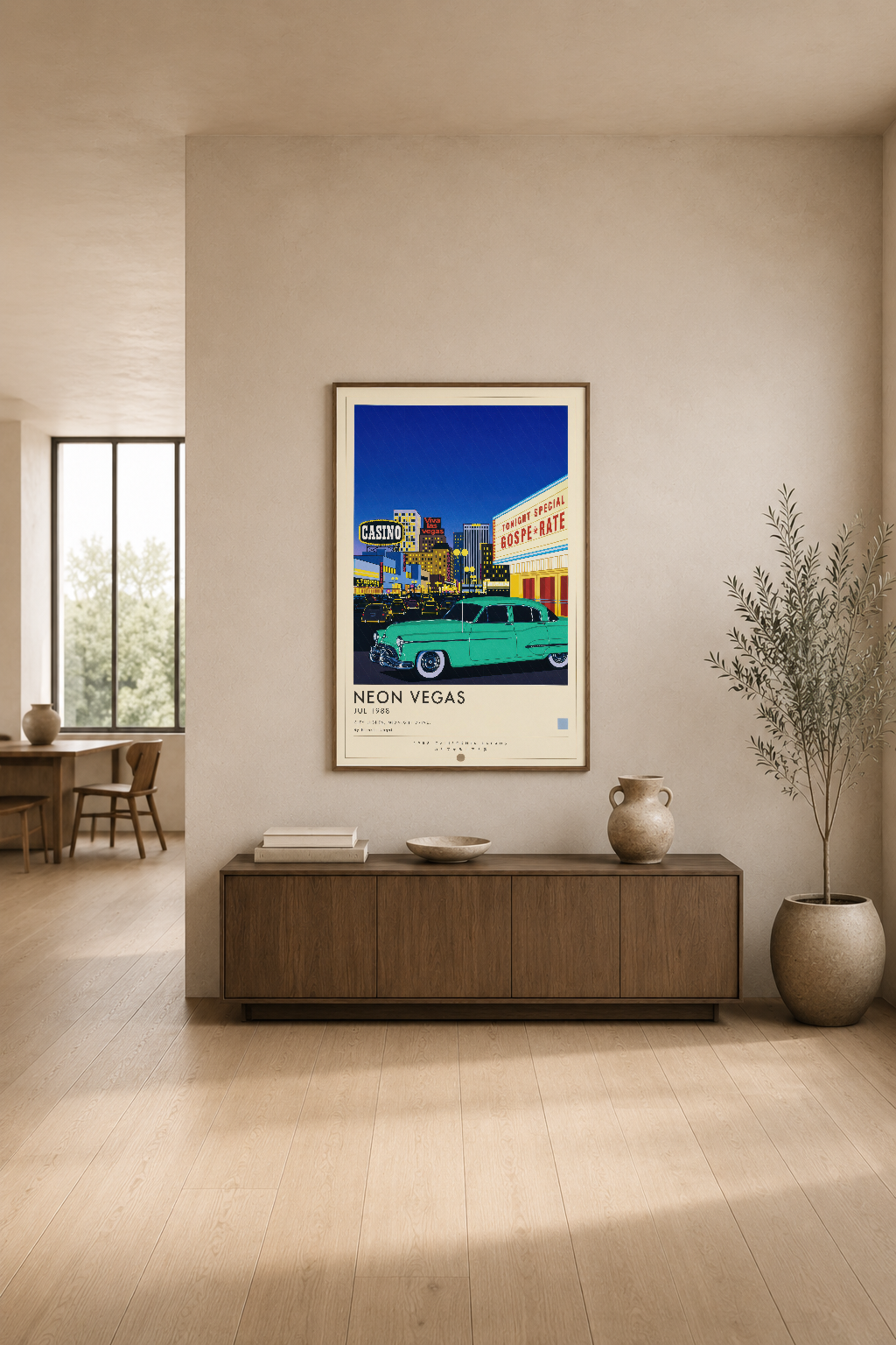 Retro Vegas posteri, turkuaz klasik arabası ve parlak casino işaretleriyle 1950'ler atmosferi yansıtan duvar sanatı.