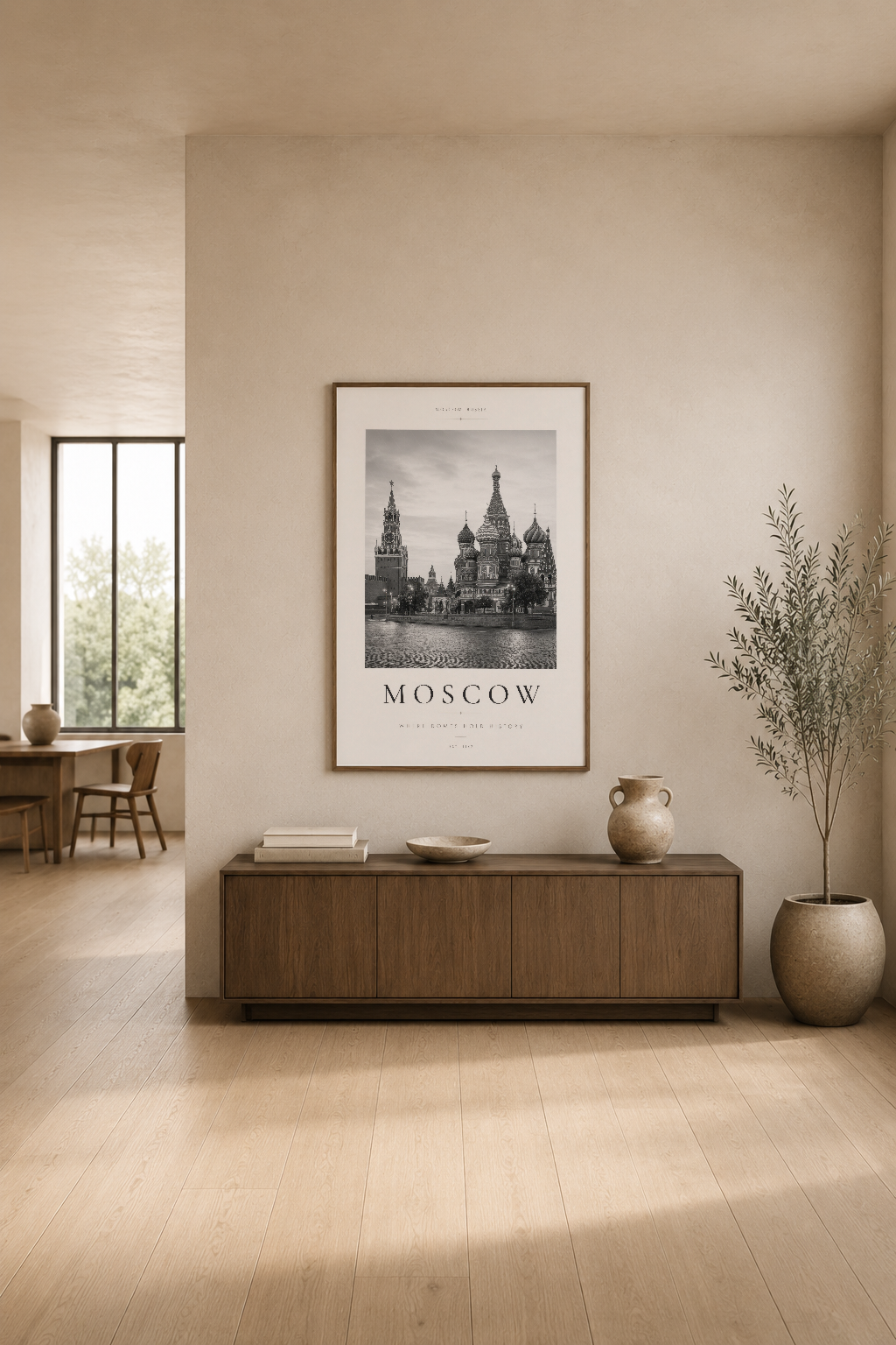 Moskova şehrini gösteren minimalist siyah beyaz poster, modern oturma odasının ahşap konsolunun üstünde asılı.