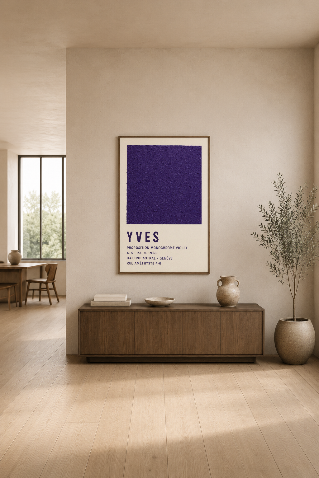 Modern oturma alanında, mor kare poster sakin ve seçkinci tasarım anlayışını yansıtır.