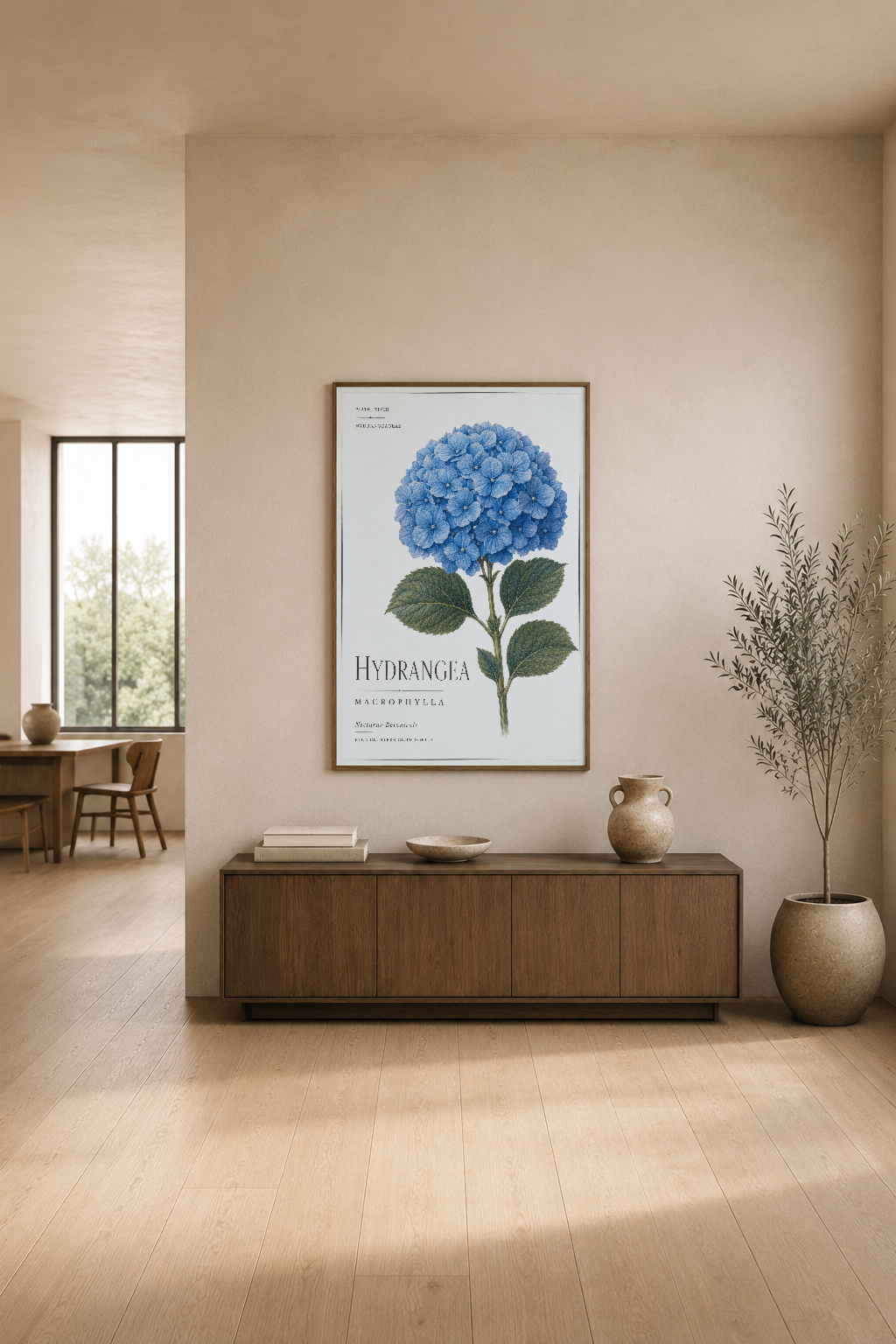 Hydrangea macrophylla baskısı, minimalist yaşam odasında ahşap mobilya üstünde sergilendi.