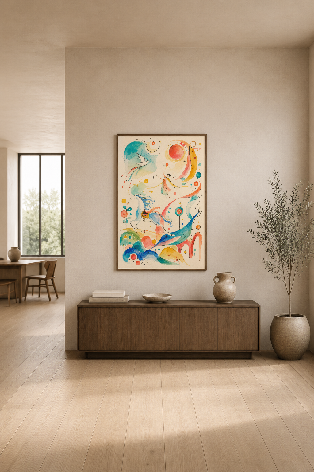 Canlı su kütlesi motifli sanat eseri, minimalist ahşap mobilyanın üstünde modern ve sakin bir oturma alanını aydınlatıyor.