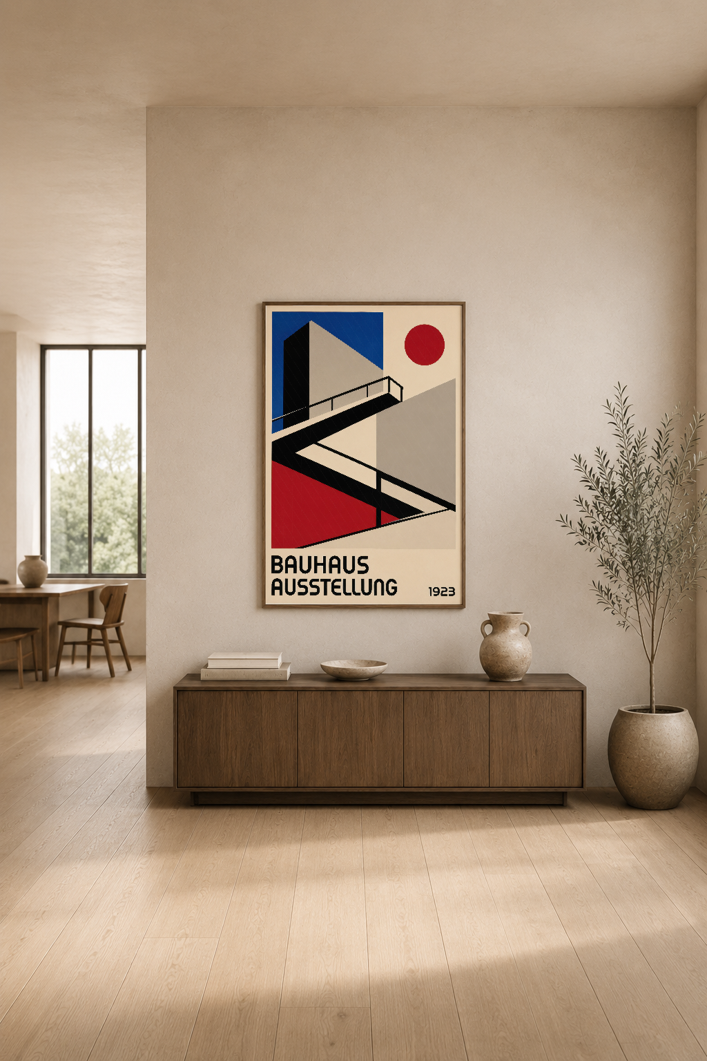 Bauhaus tarzı poster, merdiven motifi ve kırmızı-mavi renkleriyle modern oturma odasının odak noktası.