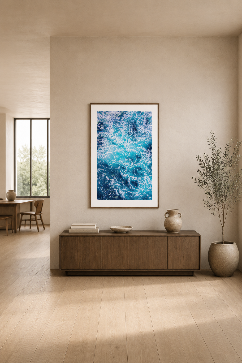 Okyanus desenli mavi poster, minimalist oturma odasının duvarında asılı, ahşap mobilya ve bitki dekorasyonuyla tamamlanan