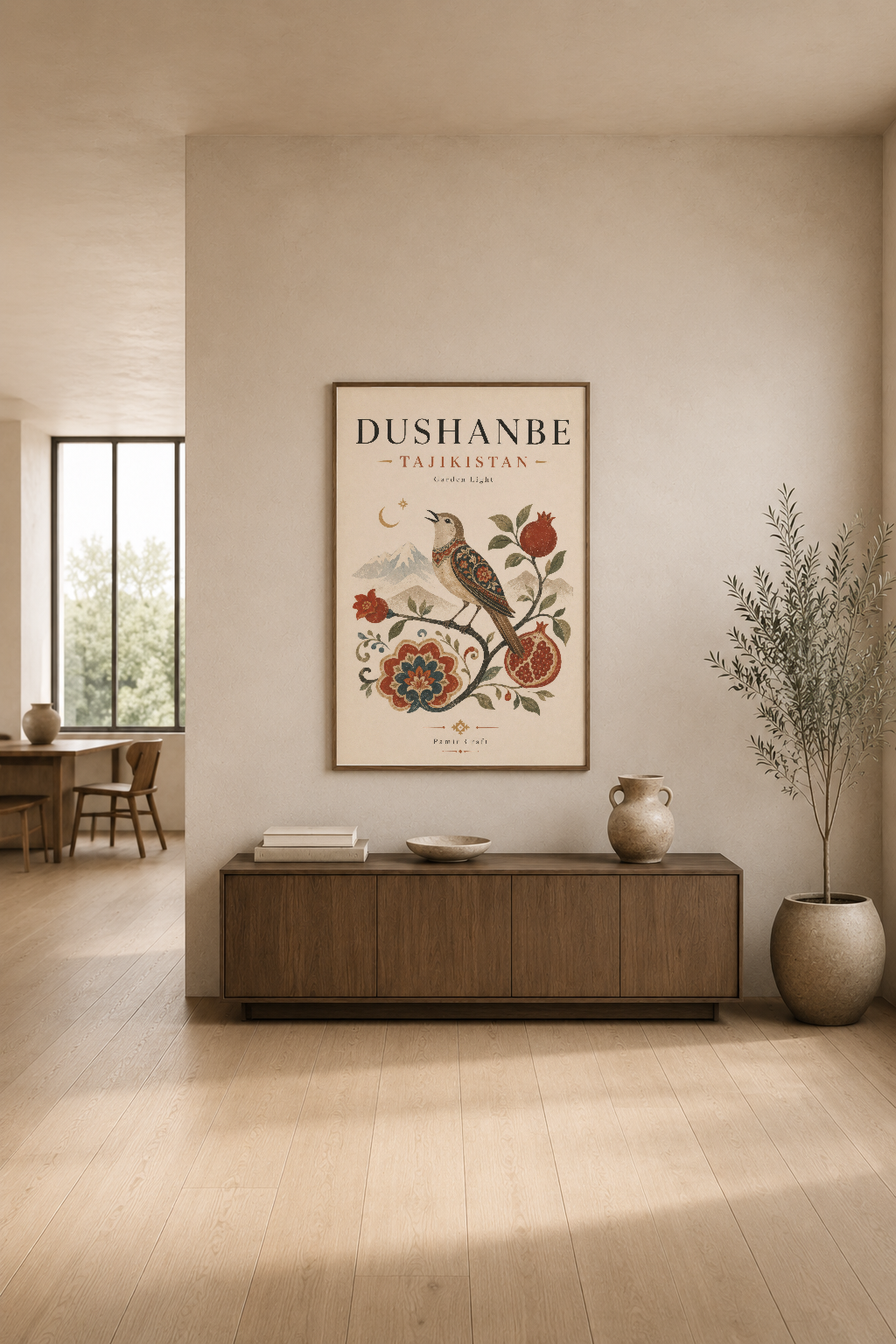 Dushanbe Tacikistan posteri, modern oturma alanında şık ahşap mobilyayla sergilenen botanik sanat.