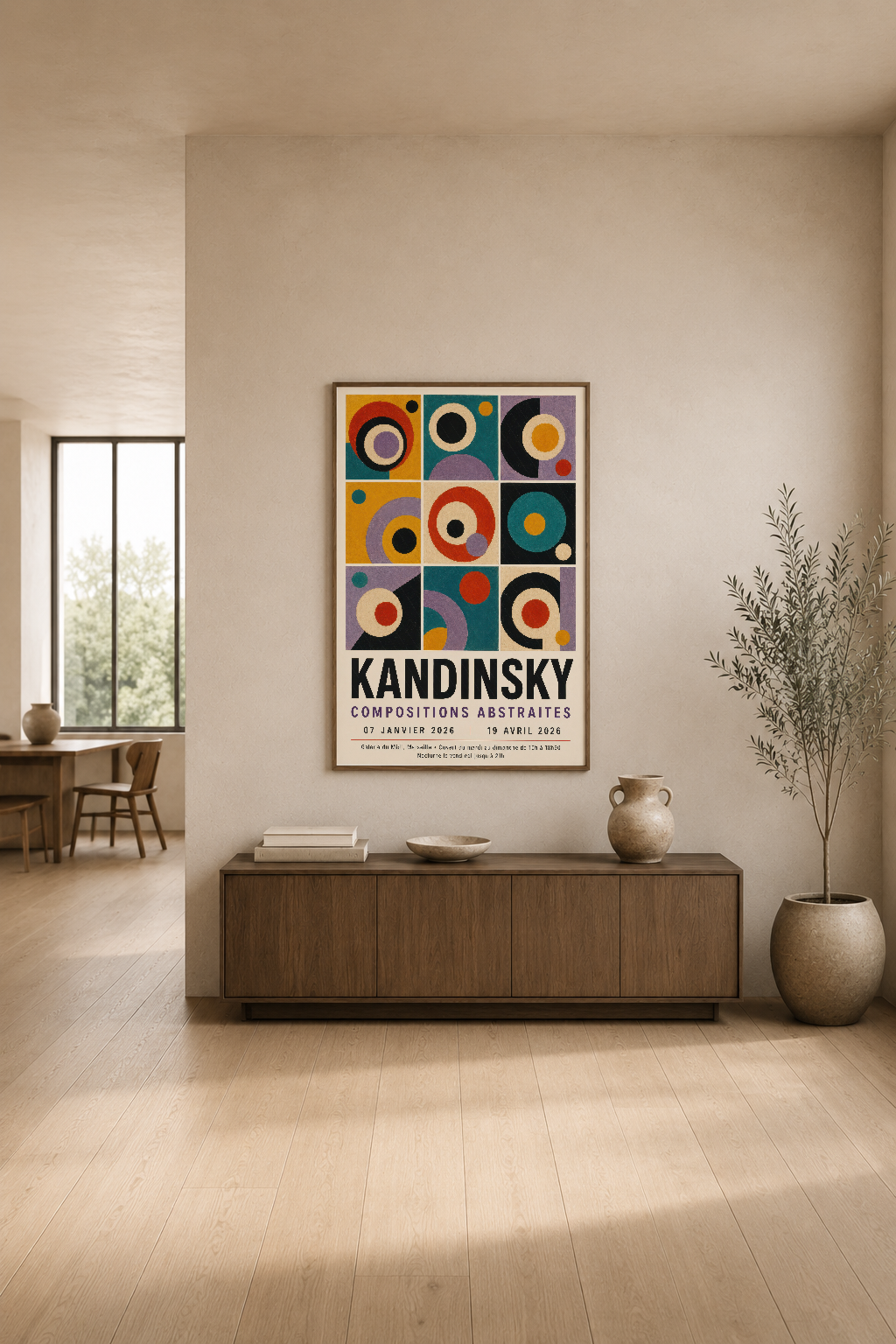 Kandinsky sanat tablosu, minimalist oturma alanında çam ahşap konsol üstünde, pastel duvar dekorasyonu.