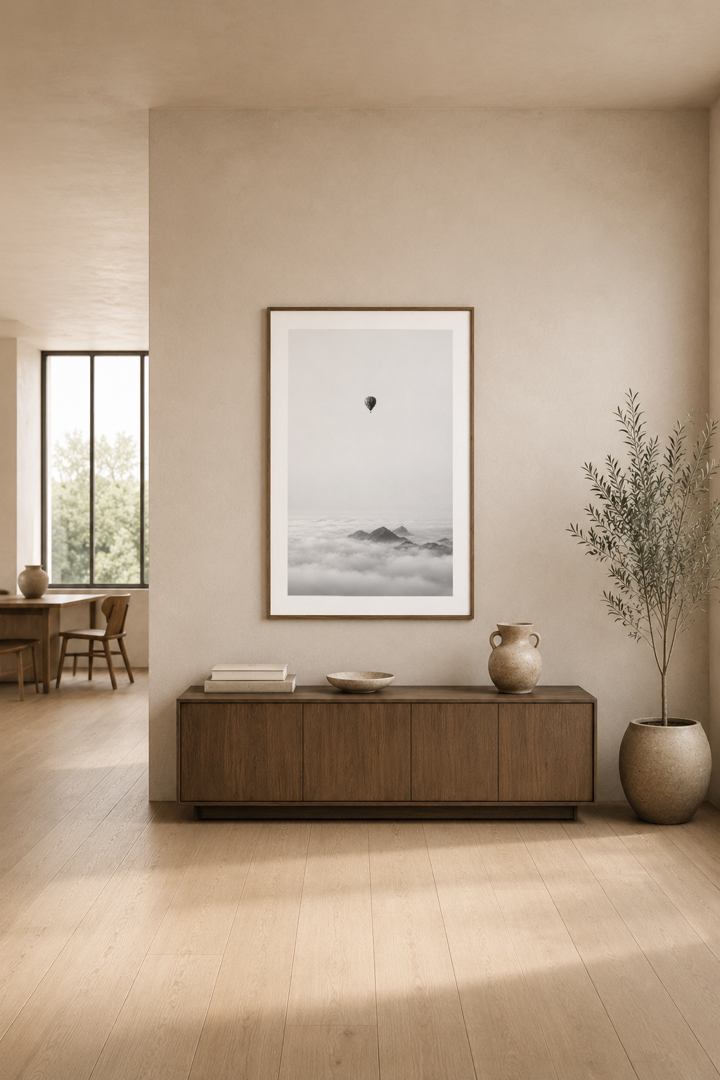 Minimalist oturma odasında, duvar tablosu olarak sergilenen hava balonu ve bulut görüntüsü.