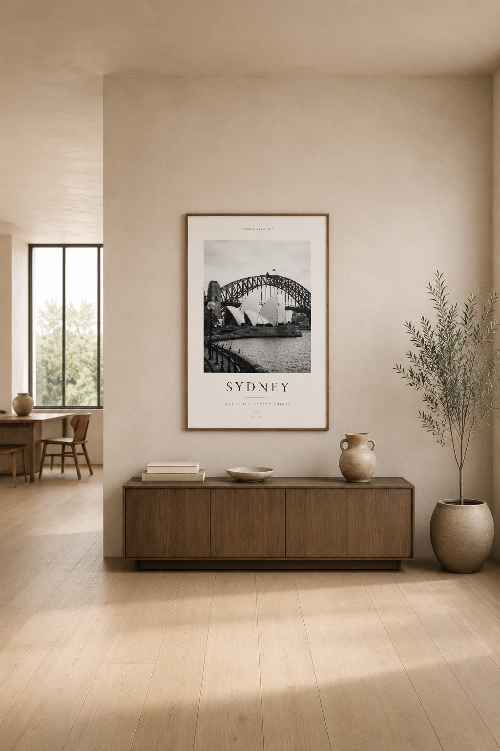 Sydney şehrinin ikonik manzarasını sunan siyah beyaz poster, beige duvar üzerinde modern oturma alanında.