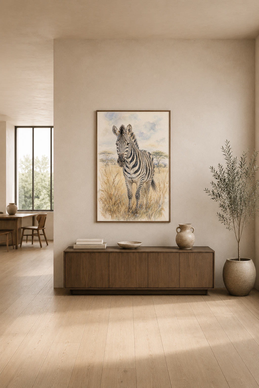 Modern oturma odasında duvarı süsleyen, afrikalı zebra yavrusunun natürel sanat tablosu.