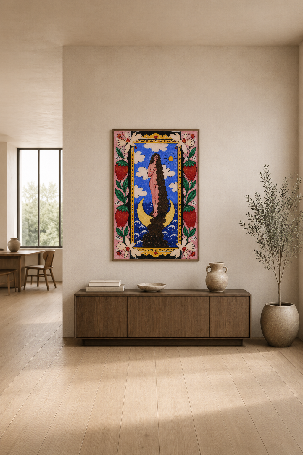 Pembe çerçeveli mistik portre tablosu, modern minimalist oturma alanında duvar dekorasyonu.