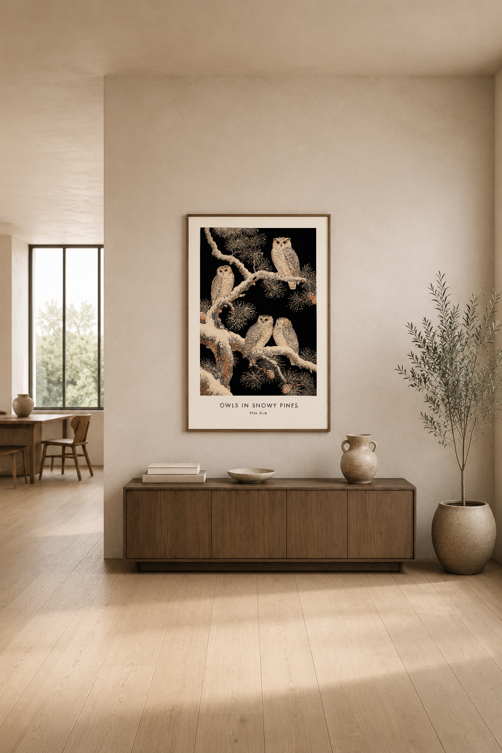 Snowy Pines'ta Baykuşlar posterinin, modern oturma odasında ahşap konsolun üstündeki duvarında asılı hali.