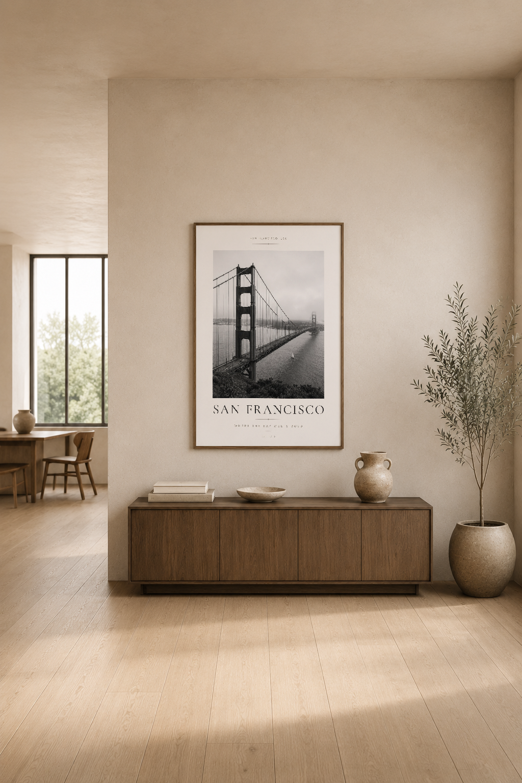 San Francisco temalı poster, modern oturma odasında ahşap mobilyanın üstünde sergileniyor.