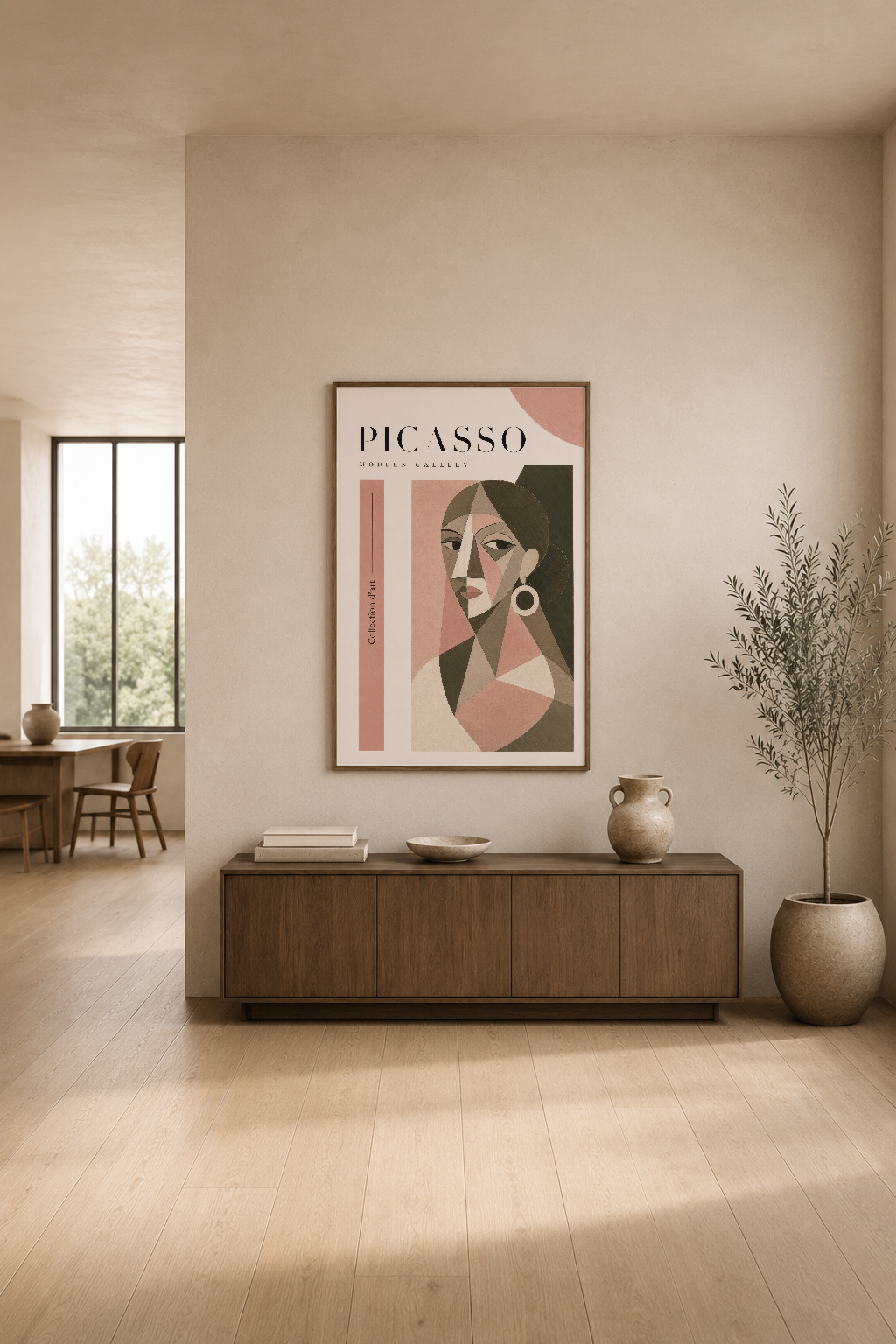 Sade oturma odasında Picasso Modern Gallery posteri, pembe ve haki tonlarıyla mekan dekorasyonunu tamamlıyor.