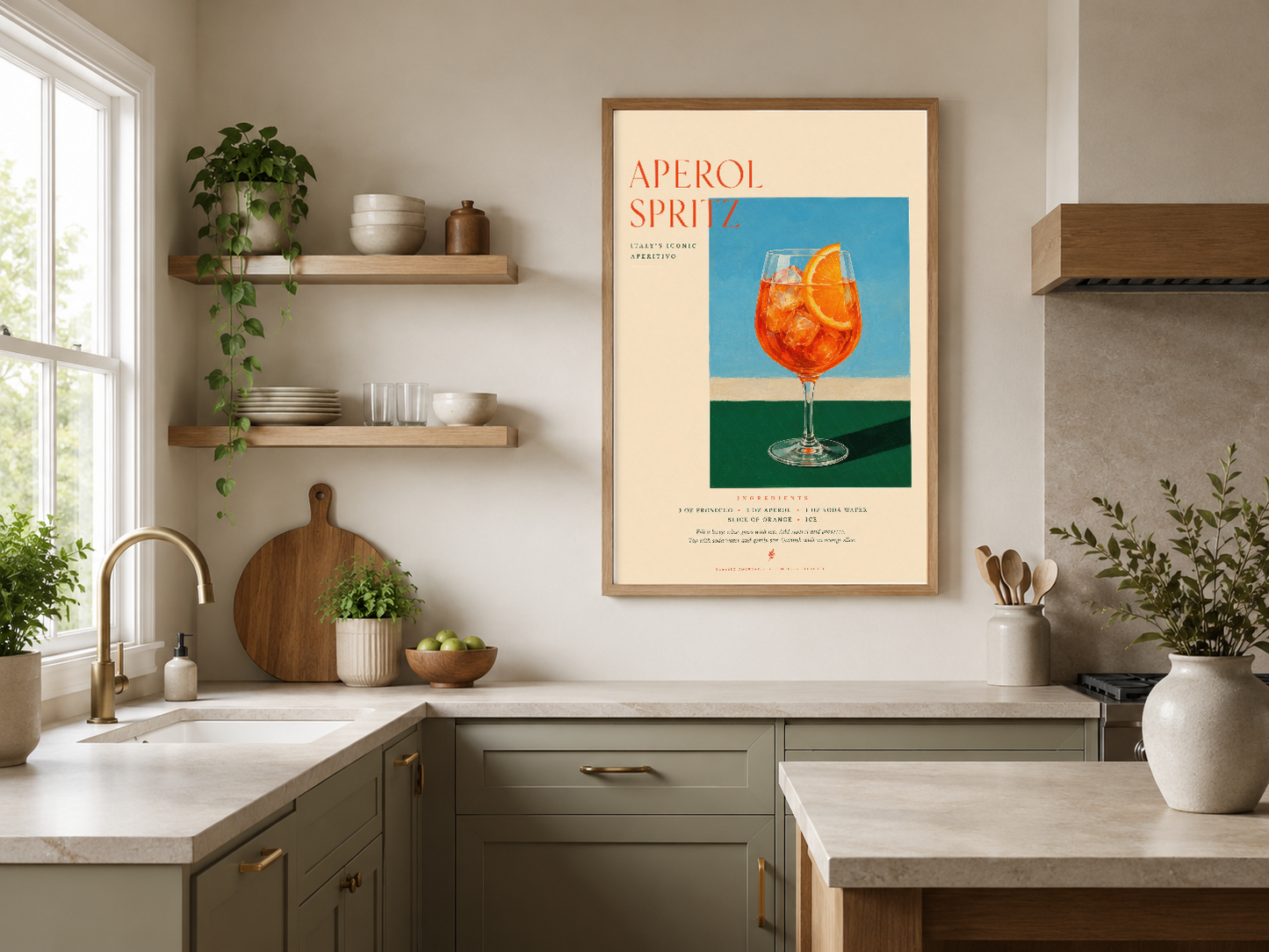 Vintage Aperol Spritz tablosu, canlı renkleri ve tipografisi ile minimalist mutfak stilini tamamlayan sanat eseri.