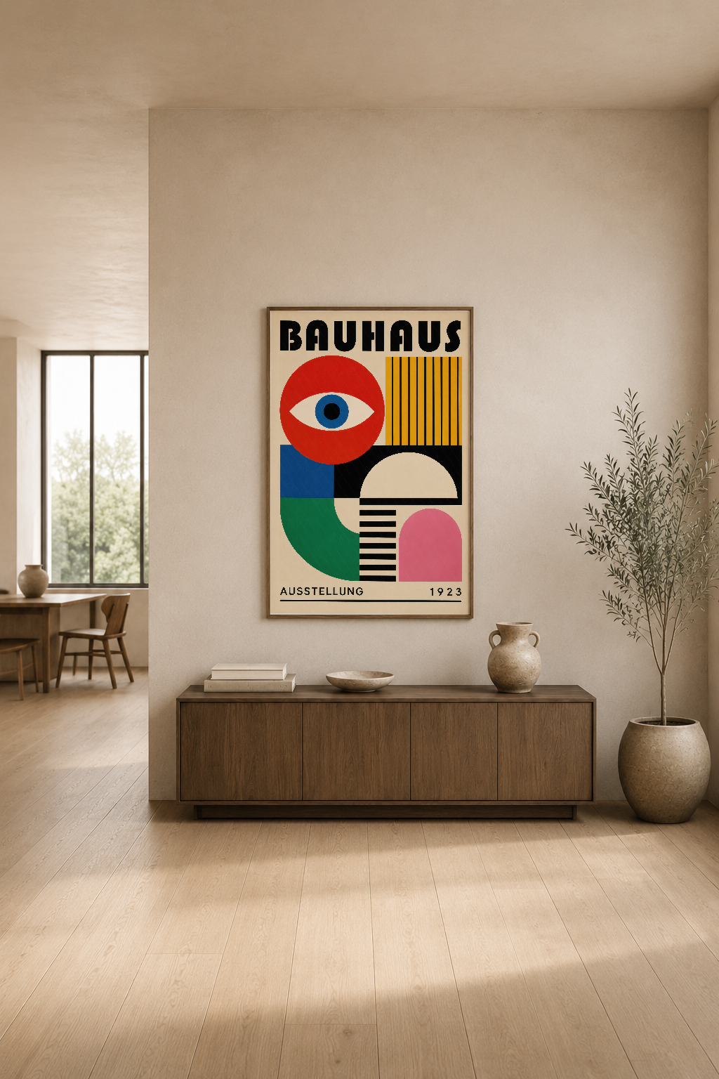 Bauhaus 1923 afişi, ışıl oturma odasında ahşap konsol üstünde, minimalist dekorasyonla sanat ve tasarımı birleştiren poster.