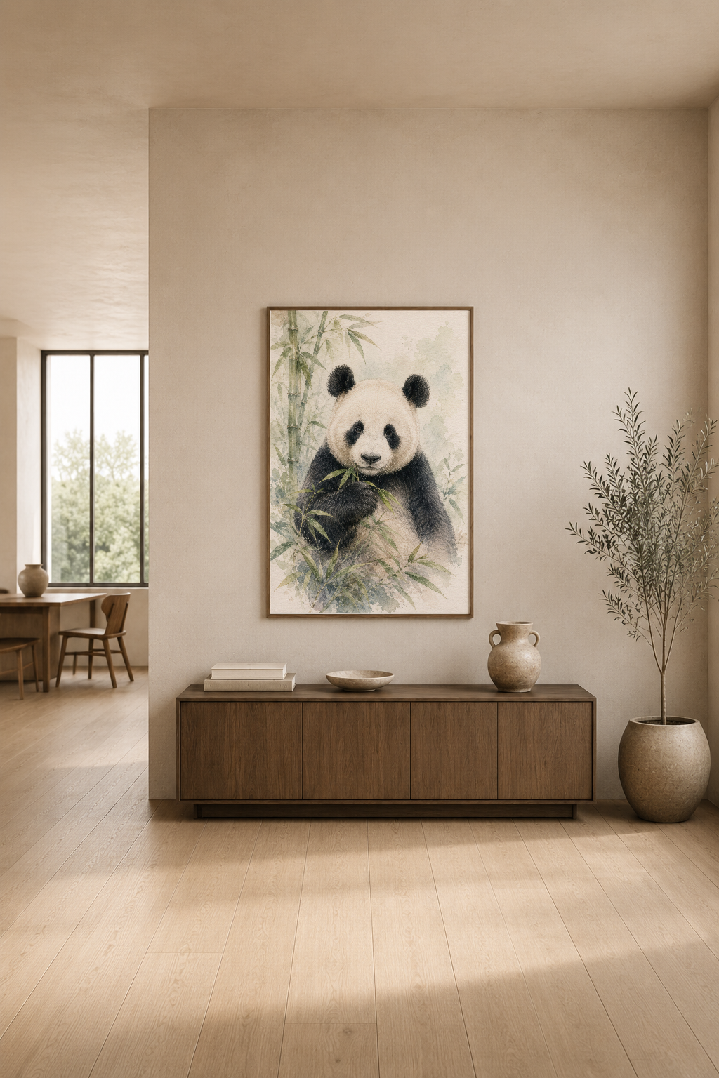 Yumuşak tonlarla dekore edilmiş modern oturma odasında, bambuyla beslenirken poz veren panda tablosu.