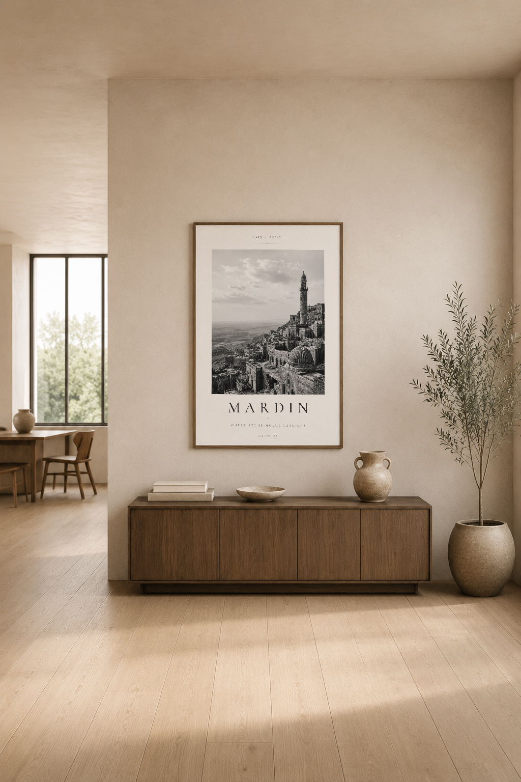 Mardin şehrinin atmosferik portresi, ahşap konsol üstünde asılı şık duvar tablosu, modern salon dekorasyonu.