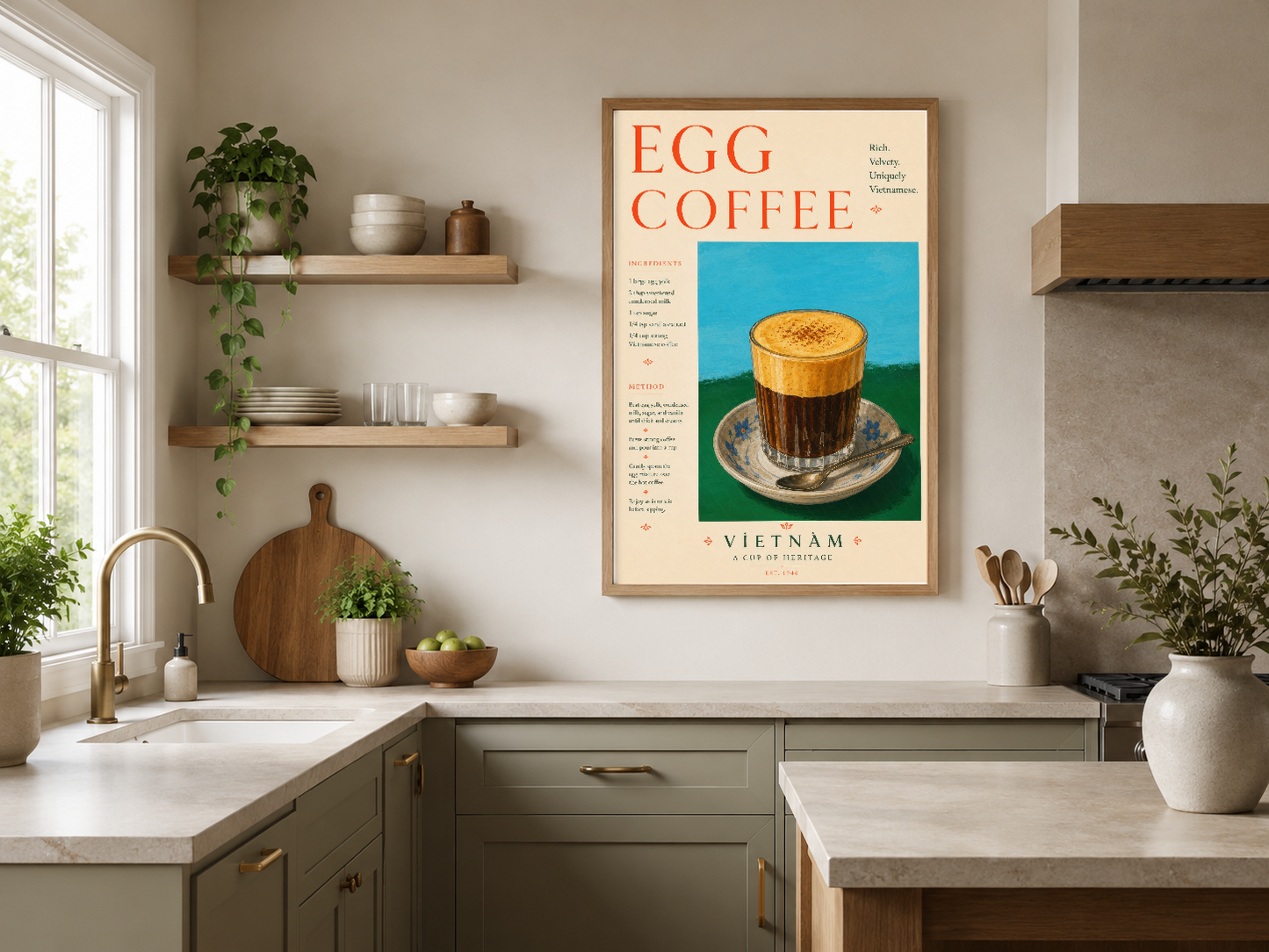 Egg Coffee Vietnam duvar tablosu, ege tarzı tasarım, ahşap çerçevede, minimalist mutfak dekorasyonunda.