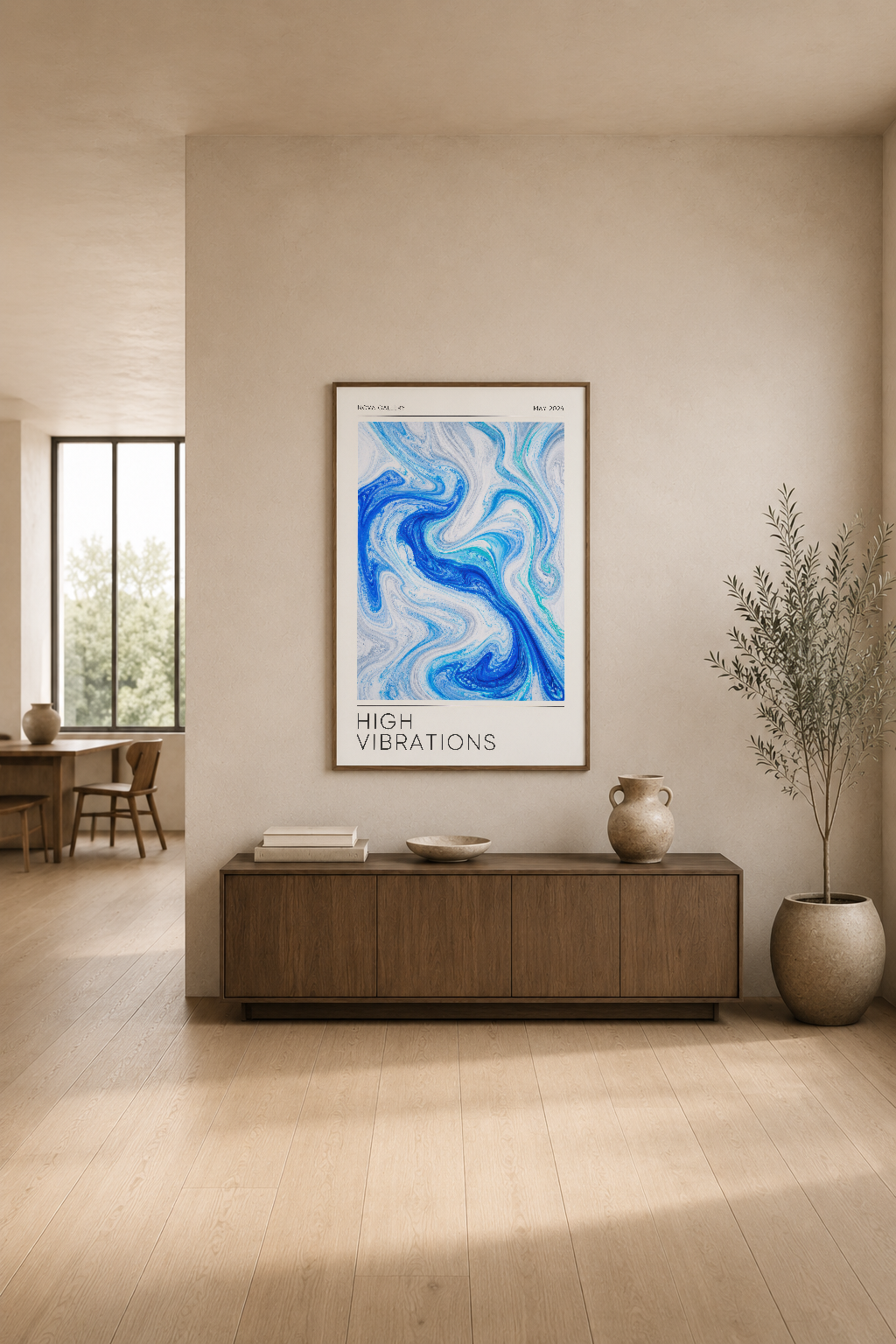Mavi ve beyaz mermersi desen içeren modern poster, minimalist oturma odasının ahşap konsol üstünde asılı.