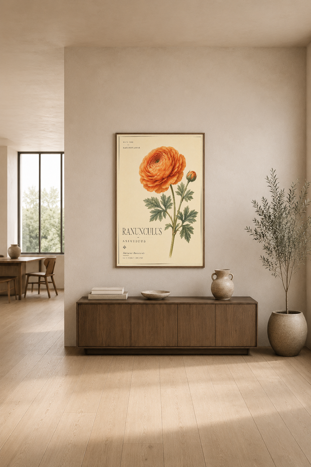 Minimalist oturma alanında, zarif turuncu çiçek tasarımlı poster.