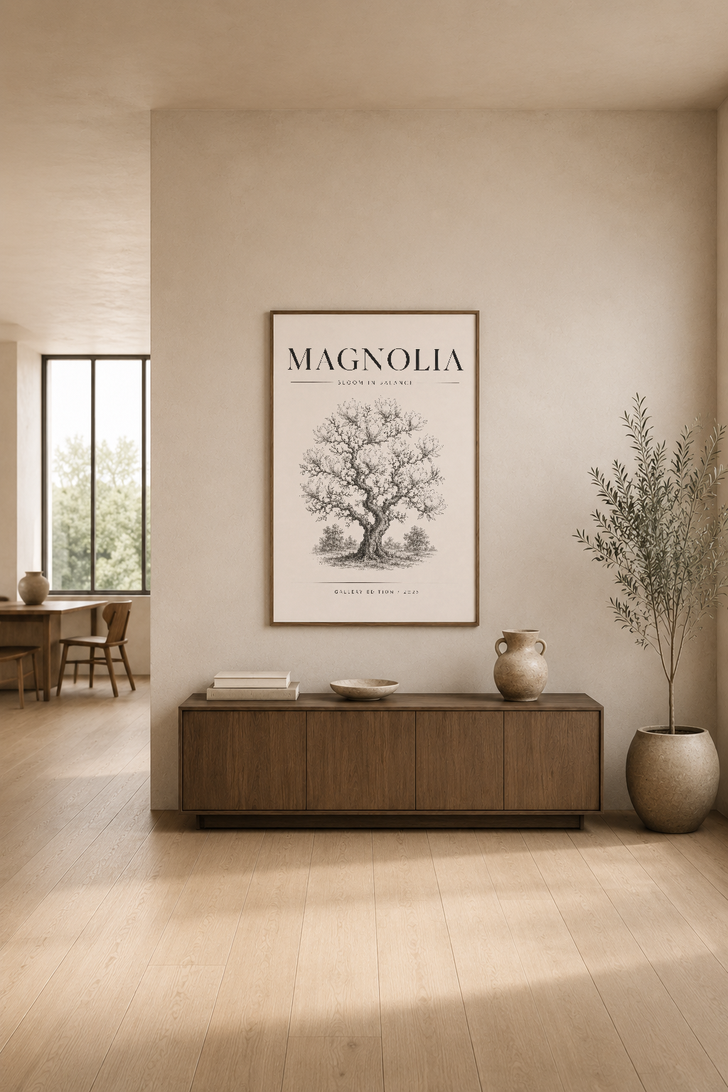 Ahşap mobilyaların üzerinde sergilenen, botanik çizim stilinde Magnolia ağacı görselli duvar tablosu.