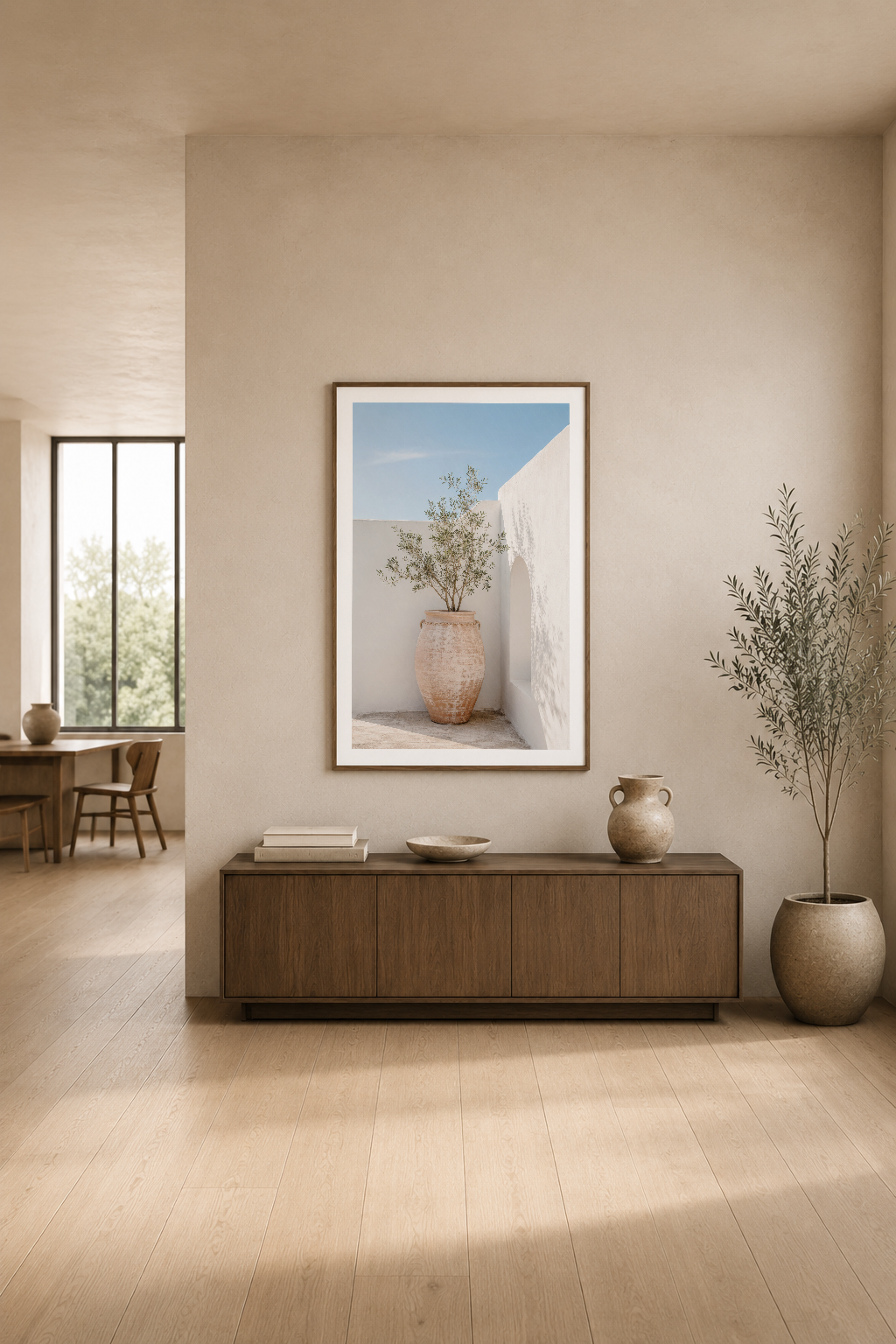 Warm tonlu modern oturma odasında, ahşap konsol üstünde asılı poster, doğal ışık alan minimalist dekorasyon öğeleriyle.