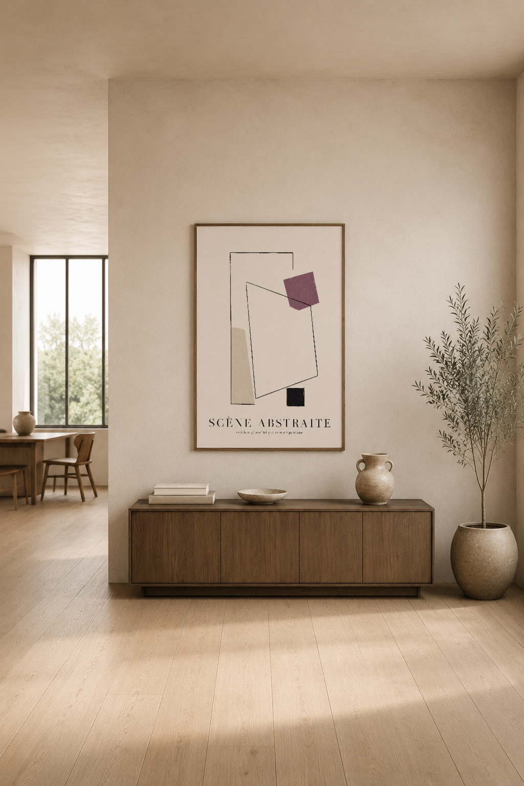 Contemporary sanat poster, modern oturma alanında konsol üstünde, zarif iç tasarım