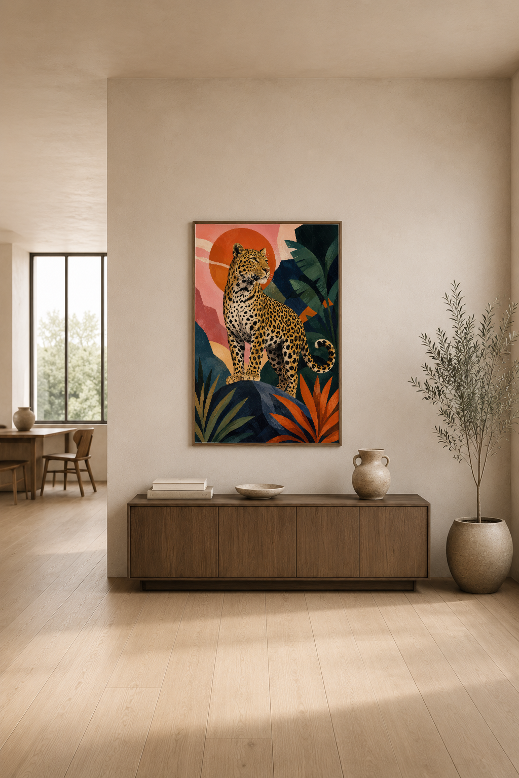Leoparı keskin çizgilerle betimleyen sanat tablosu, modern oturma odasının aksent parçası.