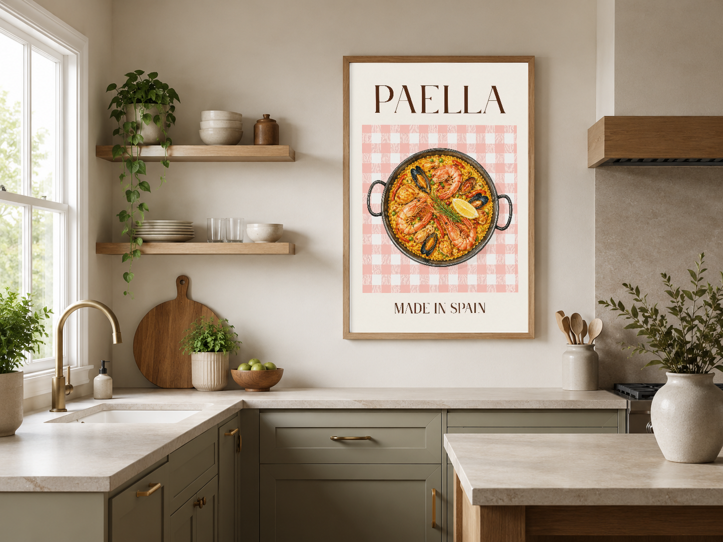Paella sanat baskısı, ahşap çerçeveli olarak minimalist mutfak duvarında, ev dekorasyonuna sanat ve stil katıyor.