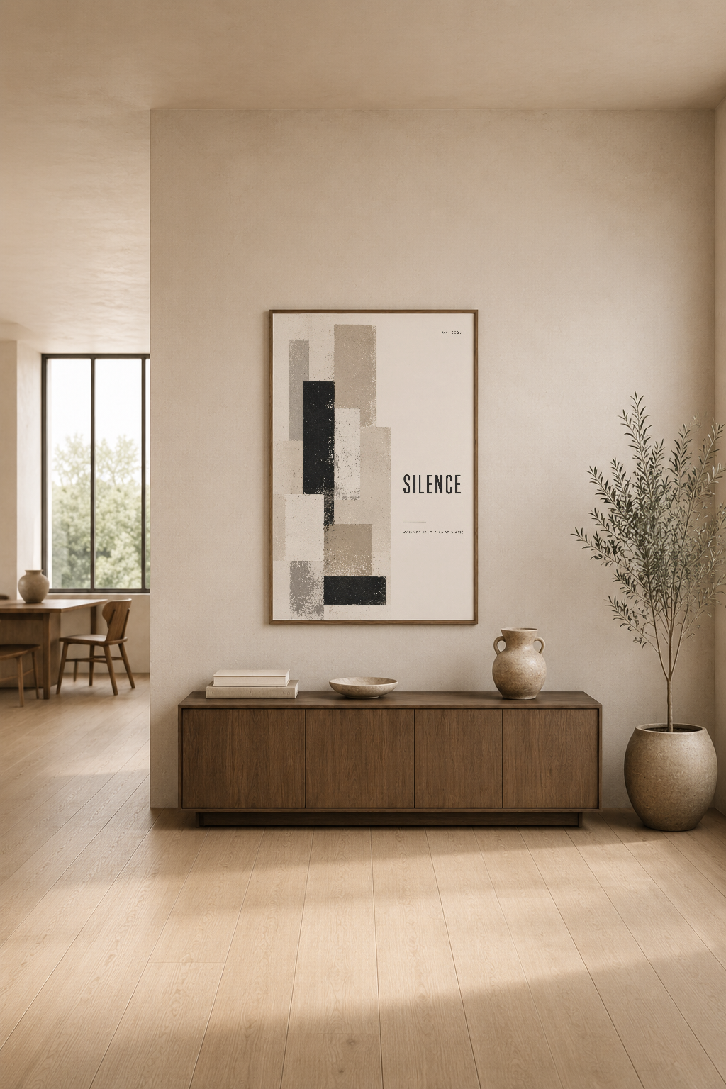 SILENCE başlıklı minimalist sanat tablosu, modern oturma odasının beyaz duvarında, ahşap mobilya ve seramik vazo ile