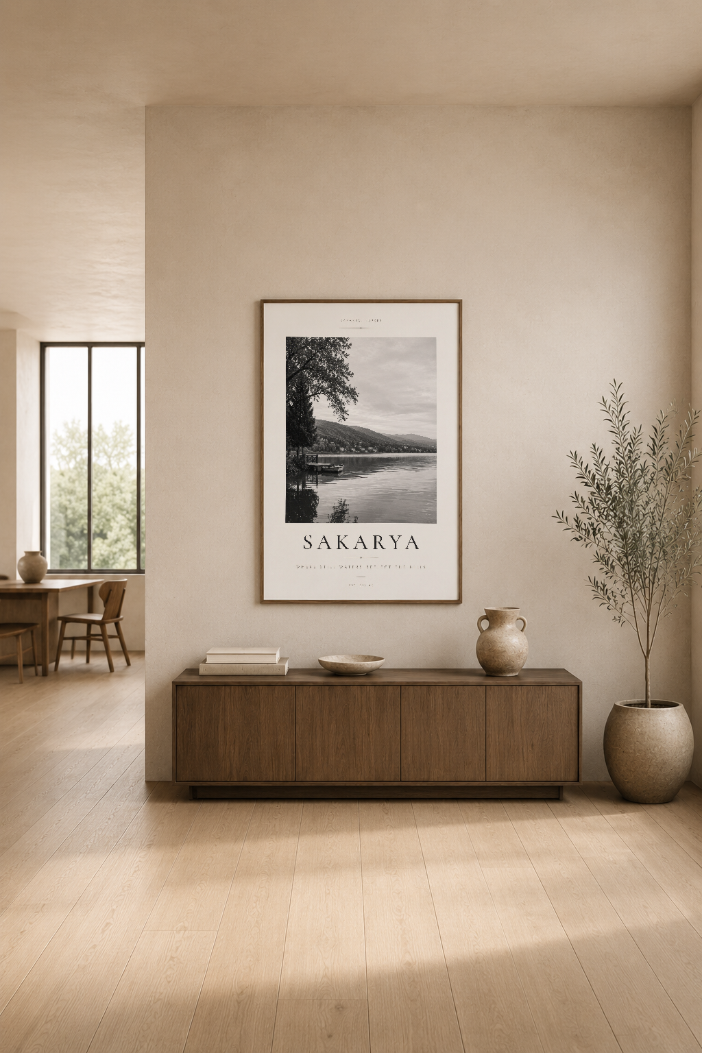 Sakarya tablosu minimalist ahşap konsol üstü dekorasyonda, kuru çiçekler ve seramikle birlikte.