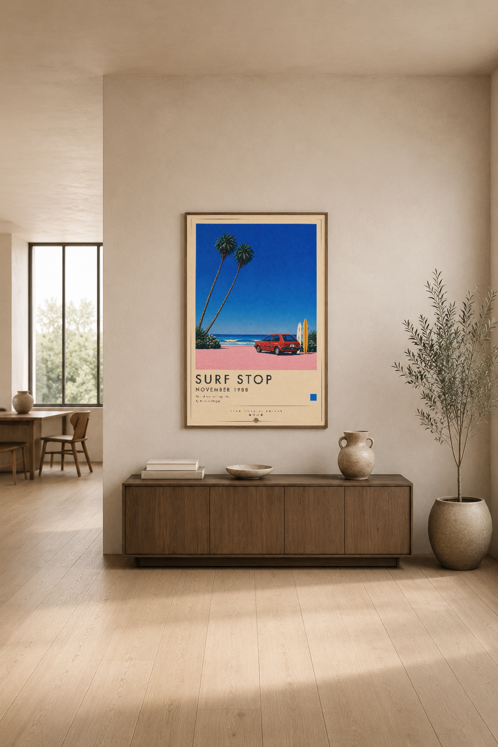 Minimalist oturma alanında Surf Stop tablosu, ahşap mobilya ve doğal ışık ile uyumlu dekorasyon.