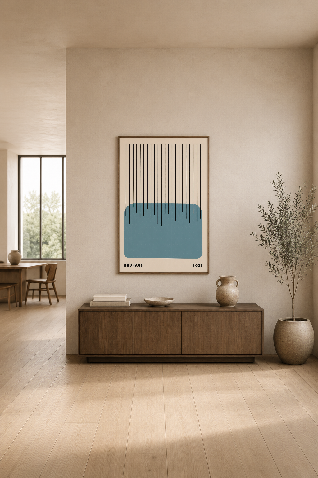 Modern oturma odasında, ahşap konsol üstünde geometrik Bauhaus motifli duvar tablosu.